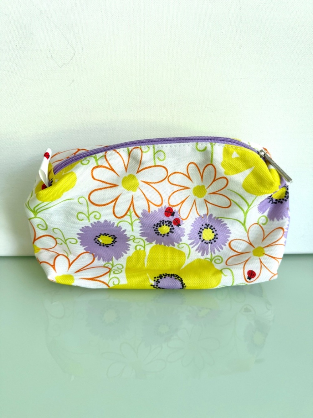 Clinique Floral Ladybug Cosmetic Makeup Bag Yellow Purple Green